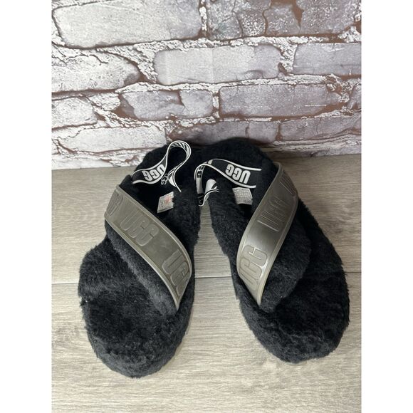 UGG Fuzzita Black Fur Slingback Slipper Platform Sandals Women 10US/41EU 1135237 - Picture 2 of 16